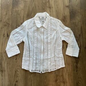 Vintage y2k White eyelit cutout 3/4 sleeve collard blouse preppy cottage‎ boho